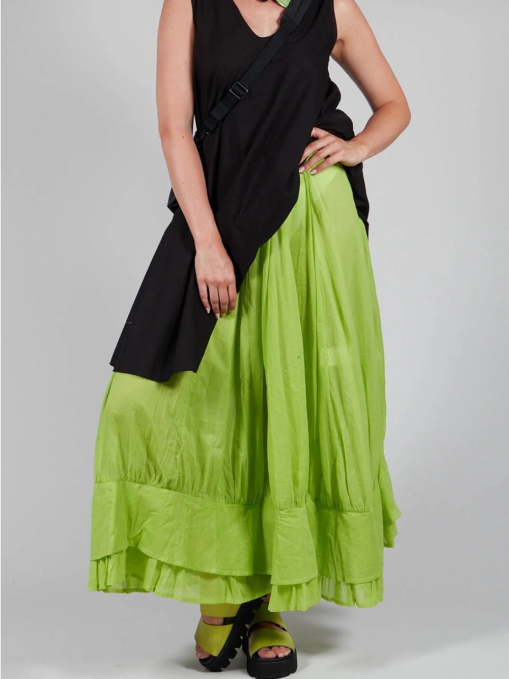 NEW Euro BREAD AND BUTTER Lime Green Tiered Maxi Skirt COTTON SZ M NWT
